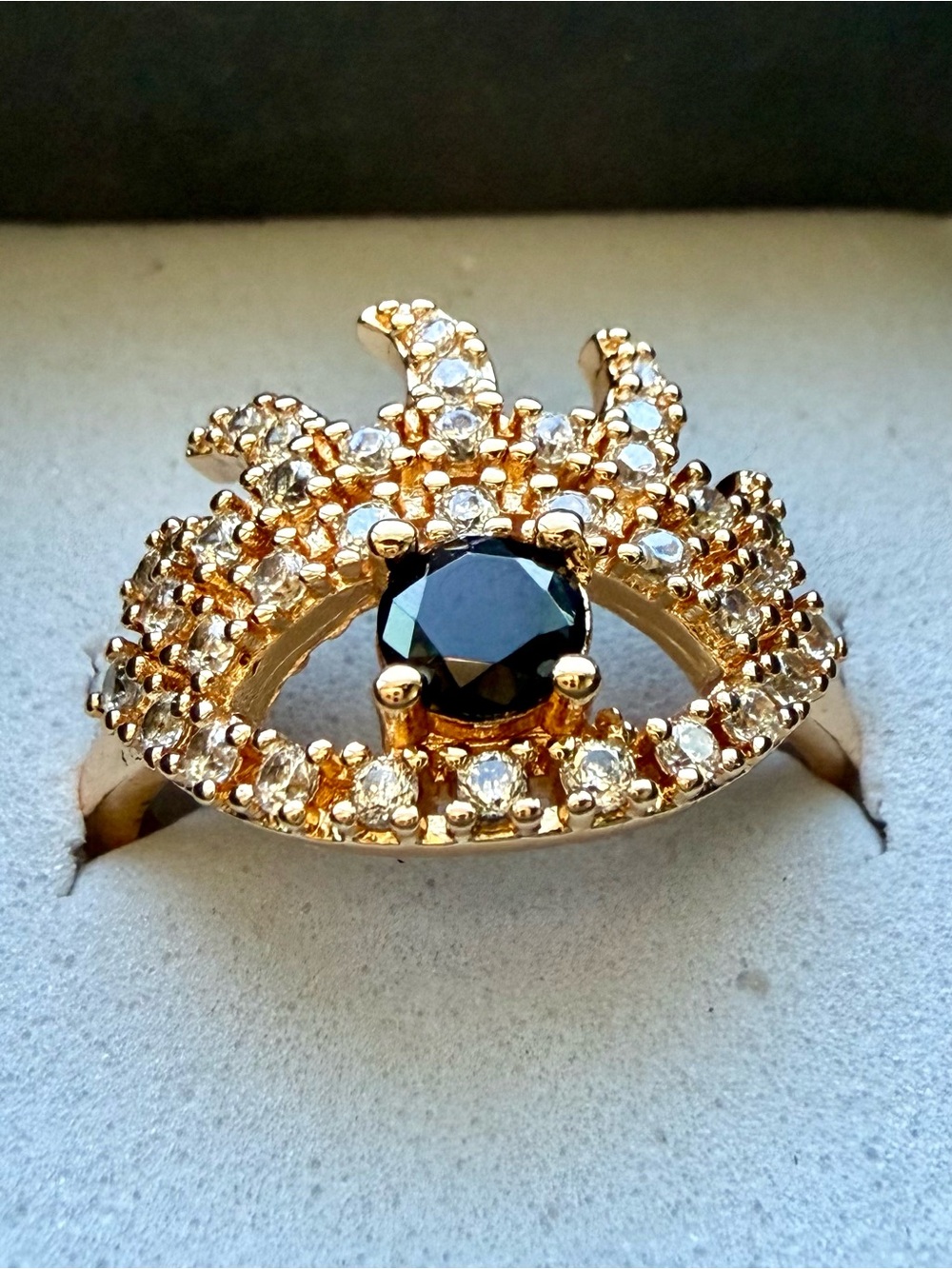 NEW! 18k Gold Plated Eye Ring with Black Center Stone - Open Back Design size 7
